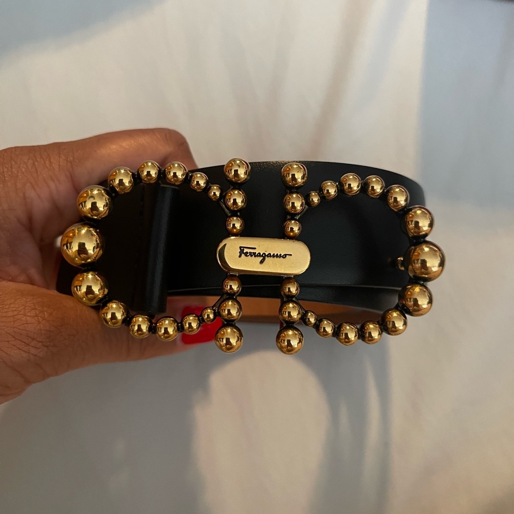Salvatore Ferragamo Black Leather Belt with Gold Beaded Double Gancini Buckle
